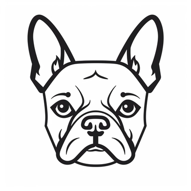 Simple outline of a front facing French Bulldog head, kids cartoon, minimalist, black on white, lineart, 2d flat file, silhouette, clipart, svg
