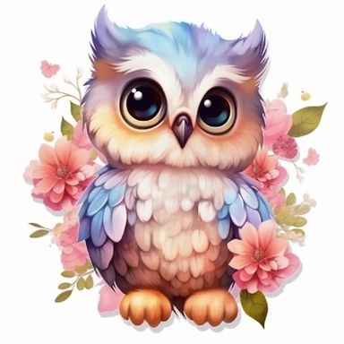Sticker. A baby owl sits on a various flower tree with big eyes whole body watercolor illustration abstract fantasy background shadow for clipart ultra detail, high quality, 8k, hd quality