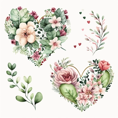green and pink Floral Hearts Clipart, flower heart Valentine illustrations,white background