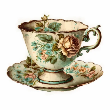 Vintage old school floral tea cup, watercolour clipart