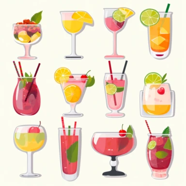 Digital stickers, planner decorative elements of different alcohol drinks, children's book illustration style, pastel color, cartoon clipart, flat colour, flat design, vector