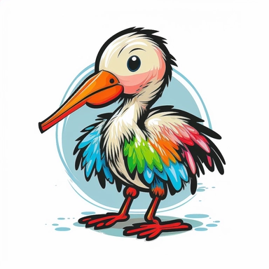 A clipart for kids with a cute baby stork animal motif in frontal view on white background. The animal motif is depicted in bold colors