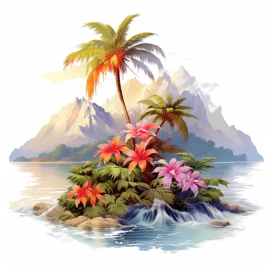 artwork majestic palm tree in digital painting style, beautiful flowers, sunrise mountains and clouds, big sea waves, water splahes, white background, colourful fantasy flower sorround, highly detailed clean, vector image, photorealistic masterpiece, professional photography, realistic, flat white background, isometric, vibrant vector, clipart, illustration, realism, 4k, cinematic, front view, white background