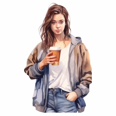 watercolor style, a beautiful girl in casual clothes holding a paper cup of coffee, realistic colors, realistic image. Clipart, isolated on white background, 4K