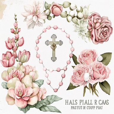 catholic rosary clip art props , boho pink and white watercolor flowers