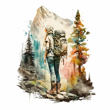 water color girl hiking in Austria between high mountains, she is wearing boots and backpack, realistic look, with trees at yellowstone park, clipart, hd, white background
