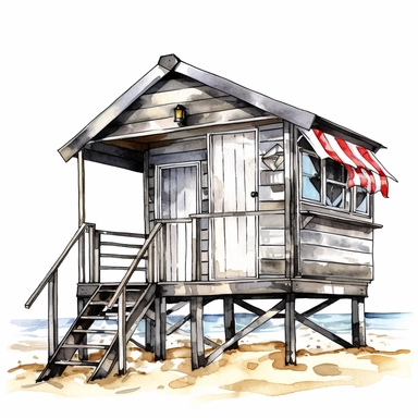 watercolour beach hut clipart illustration, on an isolated clean white background, with black ink outline and black border, cut out
