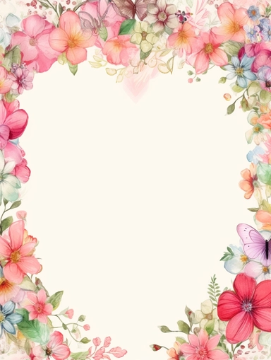 frame for poster, narrow vignette along the sides and the corners of the picture, little cute wild bright clipart flowers like hearts vignette, soff pastel blank center of the picture,