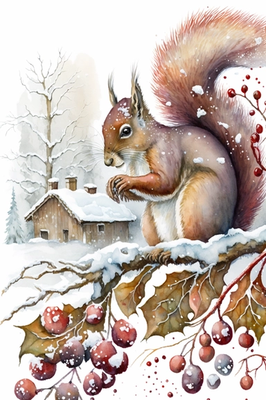 Christmas snowy Scene with country village and Squirrel on snow red berry branch, watercolor clipart