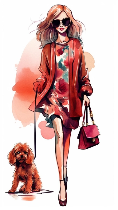 cute young high fashion woman wearing all Gucci from head to toe, walking her adorable little dog, vector clipart alcohol ink