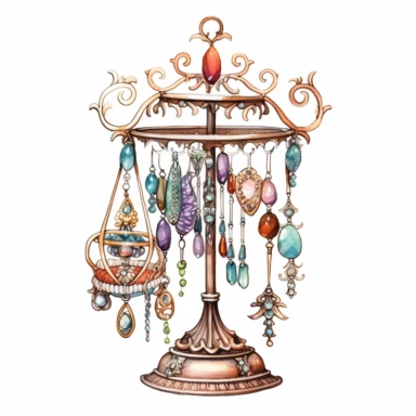 Victorian Jewelry Stand: Create a clipart featuring a Victorian-inspired jewelry stand with hooks or branches for hanging necklaces, bracelets, and earrings, watercolor Clipart, watercolor Sublimation graphics, hand drawn illustration by james christensen style, Watercolor clipart, single design, single object, print on demand image, PNG transparent background, white background for removing background - - no text shadow font watermark, 8k