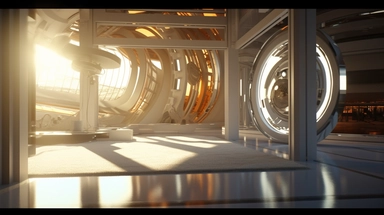movie clip scene cool mid day of summer, parametric honeycomb minimalist modern shimmering lights and shadows over living room studio library and kitchen open concept photographic high definition render, cold blinding shinny white fall light god rays shadows shimmering closeup detail concept art detailed painting with giant spaceship window of a cool industrial living quarters spaceship , huge over window with gorgeous galactic view, happy blade runner android, cool airvehicle cockpit, living be