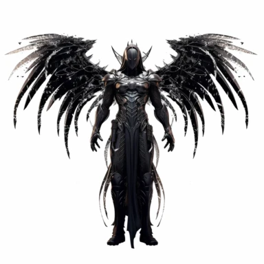 image of a dark archangel mythological figure, sci-fi style, white background, clipart