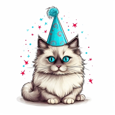 clip art, vector, white background, ragdoll cat wearing birthday hat