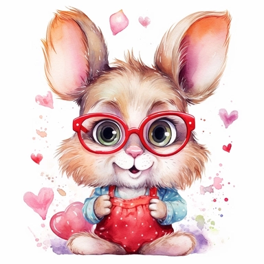 clipart, Watercolor funny bunny in glasses, portrait, childlike innocence and charm, big and adorable eyes, cute and charming expression, funny and floppy ears, rosy cheeks, shy bunny, foreboding colors, valentines day themed cute, around the bunny there are lovely hearts