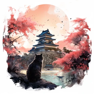 cherry blossoms laden on Osaka Castle Bottom, Siamese Cat wearing a Japanese kimono, sunset. Clipart Watercolor