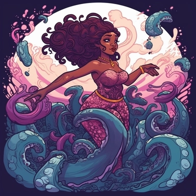 2d, full body beautiful vibrant plus size gorgeous fierce, african american queen-like Ursula, long life-like tentacles, clipart, swimming through the sea, background is seacore, cartoon realistic
