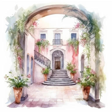 Watercolor drawing beautiful rich interior beautiful scalinata italy villa wedding venue in flowers, ,watercolor clipart, white background, isolated on white, 8k, watercolor style