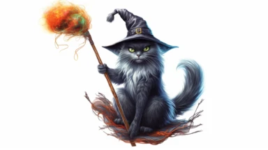 Wizards Inventory witch's black cat in a witch's hat with a broom, magic and mystical clipart, witchcraft clipart, watercolor, super detailed, vibrant, hyper realistic, pretty, cute, white background, 8k realistic photography, Higher coherence, Improved sharpness, accuracy, perfect look, perfect lighting, center of frame, ultra HD, 8k, Full body, OC renderer, sweet,sweet, dynamic background,(no unwanted borders or text artifacts)