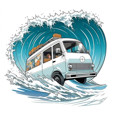 Illustrate a dynamic scene: a van gracefully surfing a powerful wave, surfboards showcasing unique designs, with a majestic cliffside providing a stunning backdrop, set against a pure white background, illustration style, white background, clipart, PNG pure white background, high resolution, hyper detailed, best quality, high detailed illustration