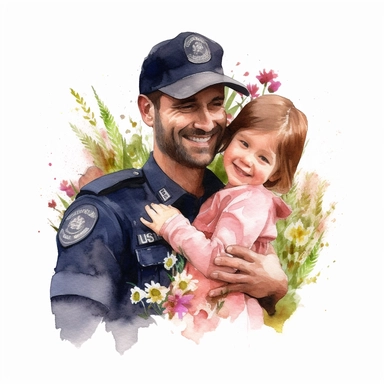watercolour clipart, police man father hug daughter hold flower in grass, smile, realistic, cute,