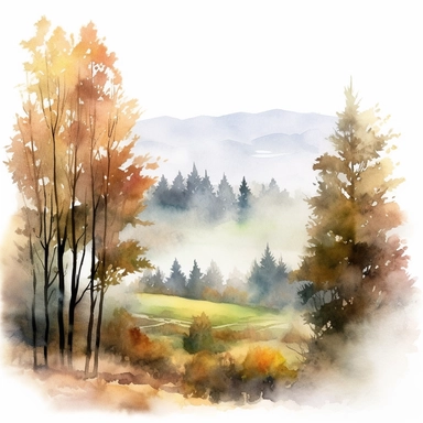 a misty autumn morning in a fog-filled valley with trees peeking through, clipart, watercolor, white background