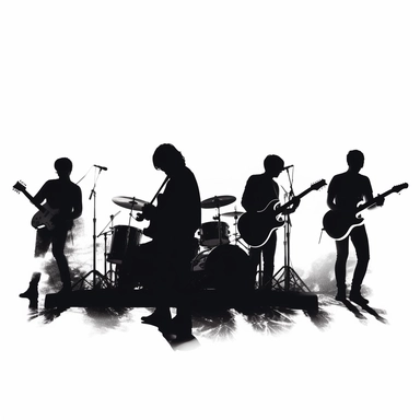 high resolution, solid black silhouettes, clip art, rock band themed, 4k, white and black only