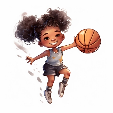 cute Watercolor black girl cartoon basketball player shooting hoops, clipart, white background