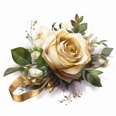 a simple gorgeous A gold rose flowers corsage with ribbon and greenery on white background clipart, watercolor painting realistic, high quality, vibrant, Vicente Romero Redondo, Willem van Aelst