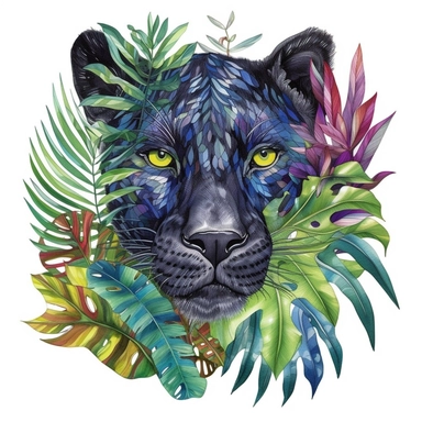 Watercolor clipart, realistic black panther head with lots of jungle vegetation, dynamic pose, vivid colors, detailed, 2D, vector, white background