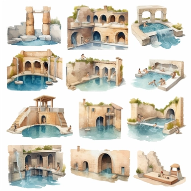 Watercolor well roman baths with people in water and around the baths eating fruit , illustrations clipart set, simple, , cartoon elements, different variants , , marble elements, separate elements with a margin