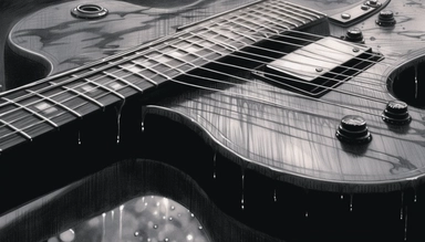 ultra sharp clip art illustration of an classic guitar, extreme closeup, rainy waters, black scaled and realistic drawing with ink and charcoal, HD, UHD resolution, 8k