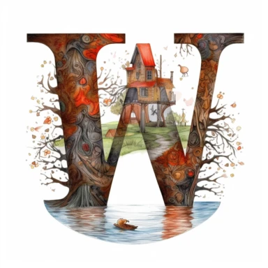 the letter W clipart, white background, fairytale