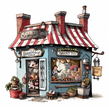 a vintage butcher shop, quirky and whimsical, clipart on white background