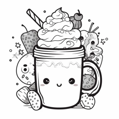 kawaii icon hot chocolate with whip cream and cookie and cherry clipart coloring page black line white background