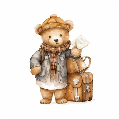 Boho teddy bear clipart for a nursery, light brown tone for a boy, holding a travel bag, solid white background