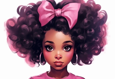small cliparts black girl with black afro hair and bow, in the style of dark pink and silver, eye-catching