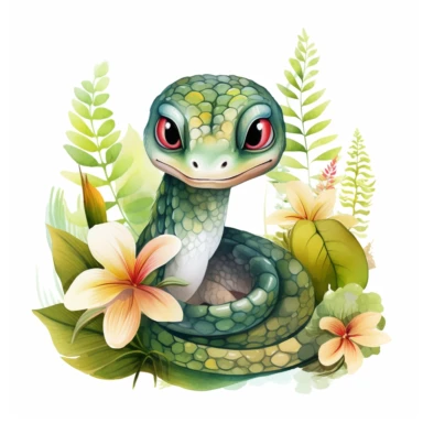 Watercolour into the jungle Clipart, cute big eyed cartoon snake in the jungle with flowers, isolate on white background