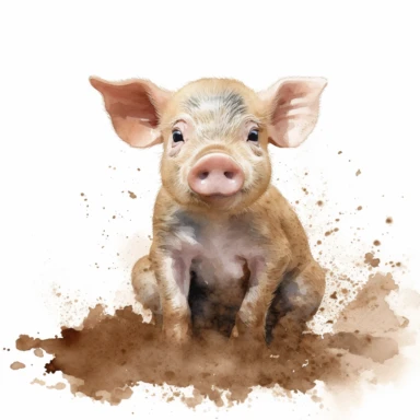 Watercolour cute baby pig sitting in mud, beautiful details, ultra detailed, ultra photo real intricate detailed, high definition, graphic clipart, hyper realistic, detailed, white background