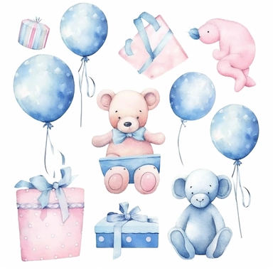 watercolor baby shower cliparts, blue, pink, boy or girl, white backrounds