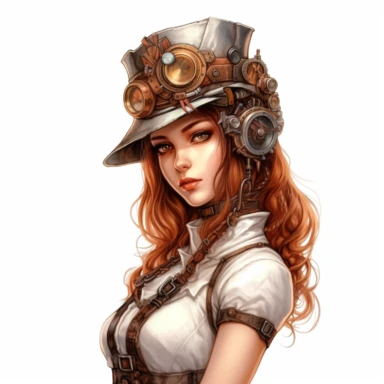 Solid white background. Waist-up depiction of an elegant steampunk lady, her refined gaze and gentle smile embodying her graceful demeanor. Her fair skin and chestnut brown hair complement her ensemble in shades of silver and copper, a harmonious blend of Victorian sophistication and steampunk charm. She chooses a delicate headband with a miniature timepiece as an alternative to a hat. No steampunk elements are depicted in the background. Pastel clipart, hyper-realistic, retro-futurism, solid wh