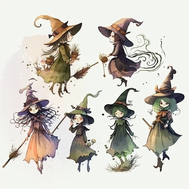 halloween witches with broomsticks. some cartoonish design and some watercolor. and some of both. white background. no tags. CLIPART!!