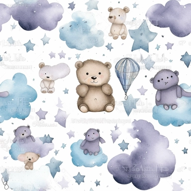 clipart photoshop hand painted watercolor seamless pattern on white background featuring clouds, stars, and cute bears in blues and greys in this style and color