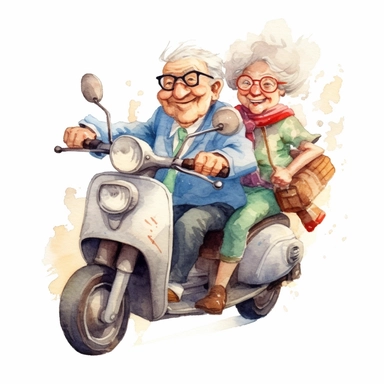 Cartoon Grandpa drove Grandma by motorbike, Funny Grandparents, illustration, extremely detailed, illustration clipart, on white background, watercolor