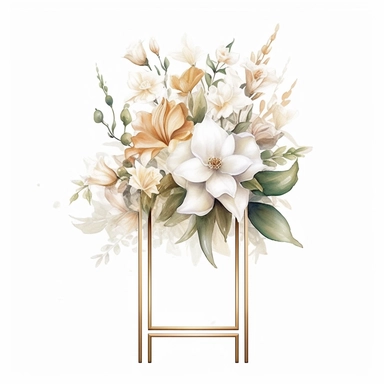 watercolour beautiful realistic white floral wedding flower spray on gold rectangle tall frame stand realistic elegant wedding floral display stand with white glitter wedding flowers ,build a family style clip art illustrated clip art graphics , PNG image,transparent background ,ultra highly detailed, 18k, sharp focus, bright photo with vibrant colours, digitally enhanced,photographic, enhanced graphics, png format, straight, sharp focus, bright lighting, intricate detailed png image ,high defin