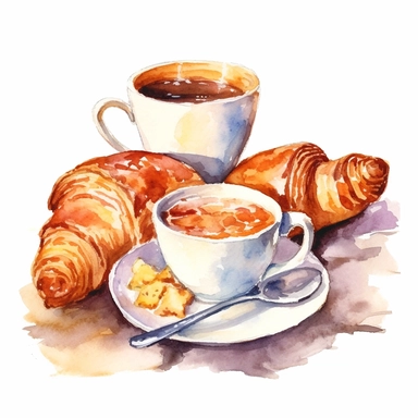 watercolor detailed illustration of croissant and coffee, french cafe decor, clipart, white background