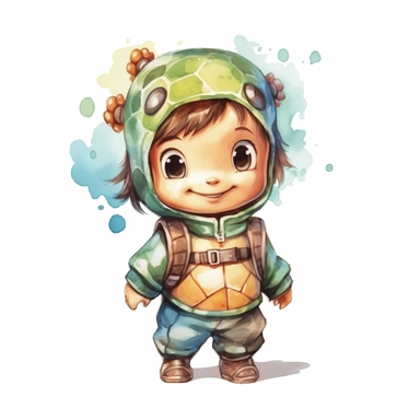 cute kid wearing Turtle costumes and with happy face,front facing on isolated background,with happy face and expression,Animal Sublimation Clipart,no splash watercolor,white background, ultra detailed clipart, cut out image, colorful watercolor realistic, cartoon style, ultra HD, sharp and clean art