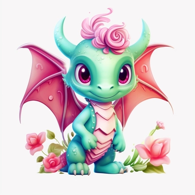 a kawaii fairy tale dragon clipart, white background