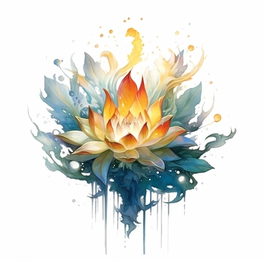 PIERCING snow lotus banana oak tree, oak white fire BLUE flame, light, golden sun, mighty flowers, pristine, sparkling, white flame, fire light mega epic flowers of epicness, cool and spiky, owning everything, floral art, no background, beautiful, no text, clipart, watercolor