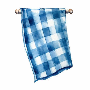 watercolor clipart of a blue gingham tea towel, vintage homely vibes, isolated on white background